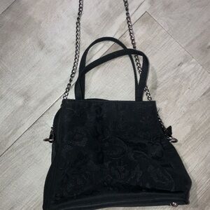 Black Floral Embroidered Shoulder Bag
